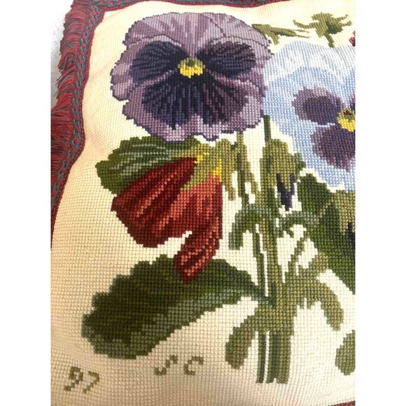 Vintage Elizabeth Bradley PANSY Needlepoint Pillow Victorian Cross Stitch 1997 - Picture 3 of 5